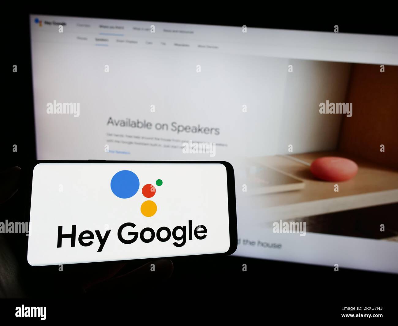 Personne tenant le téléphone portable avec le logo du logiciel d'assistance virtuelle Google Assistant sur l'écran en face de la page Web. Concentrez-vous sur l'affichage du téléphone. Banque D'Images