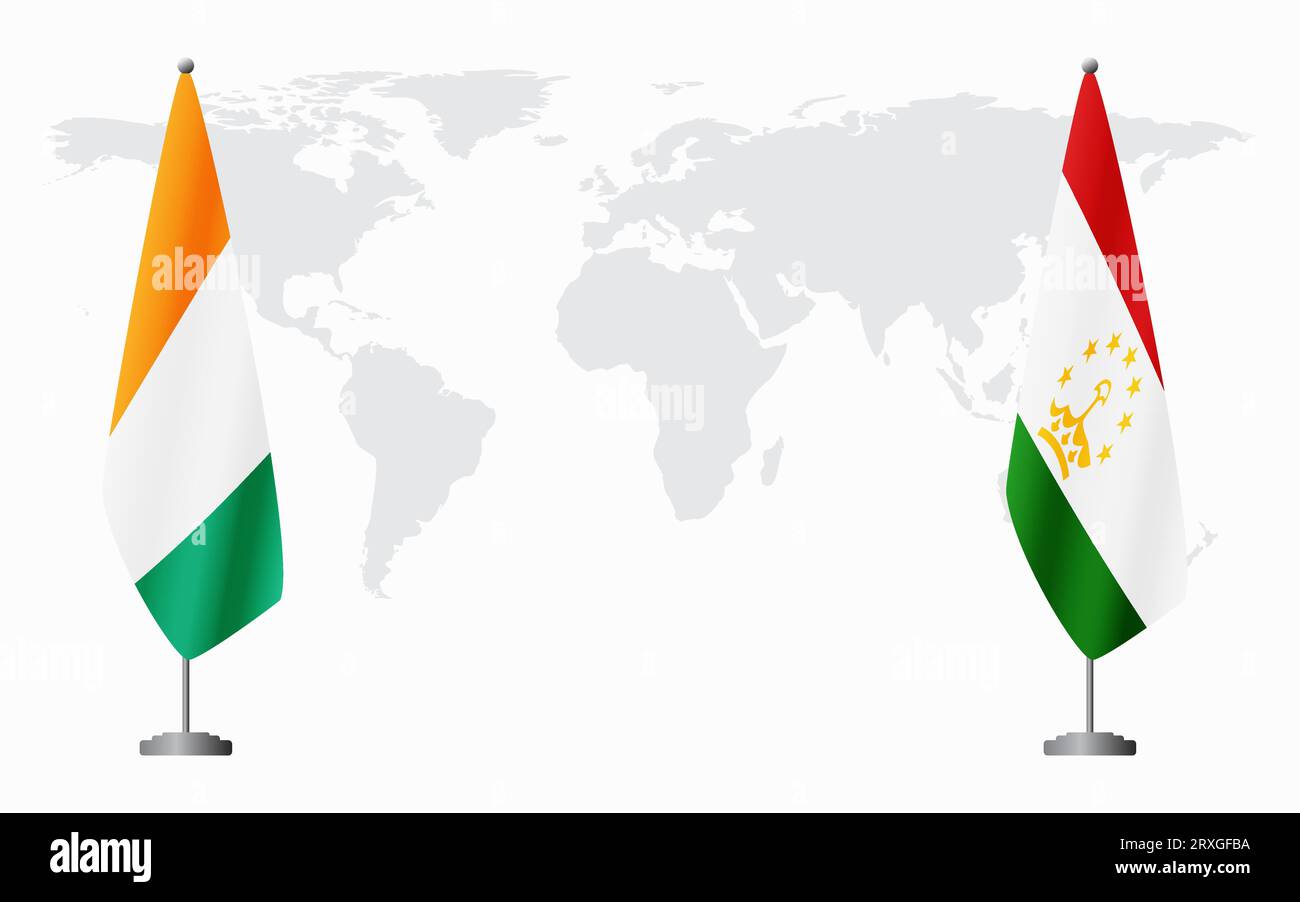 Drapeaux de la Côte d'Ivoire et du Tadjikistan pour réunion officielle sur fond de carte du monde. Illustration de Vecteur