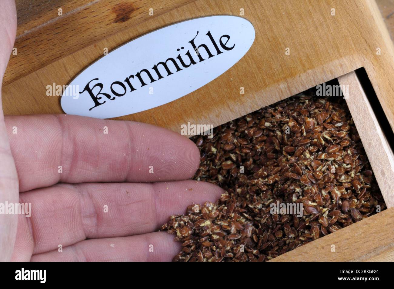 Lin commun, graines de lin dans le moulin à main (Linum usitatissimum), graines de lin dans le moulin à main, lin, graines de lin, moulin à main Banque D'Images