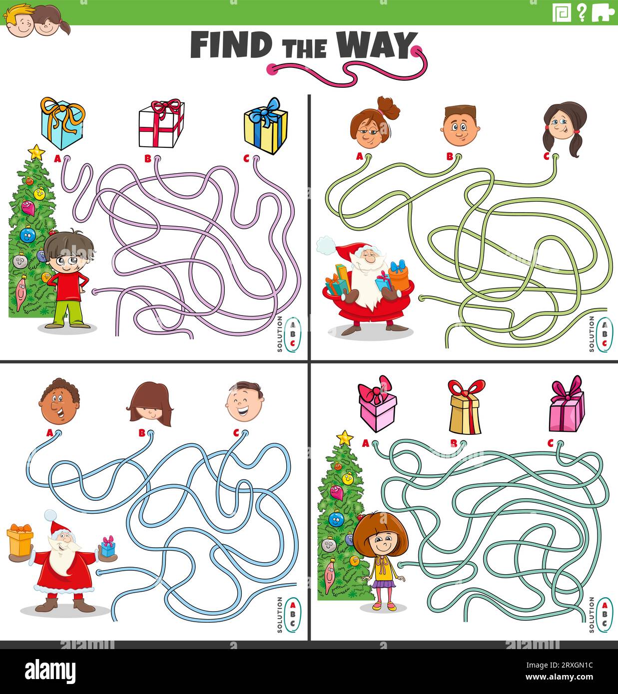 Illustration de dessin animé de trouver la façon de labyrinthe jeux de puzzle ensemble avec le Père Noël à Noël avec des enfants Illustration de Vecteur