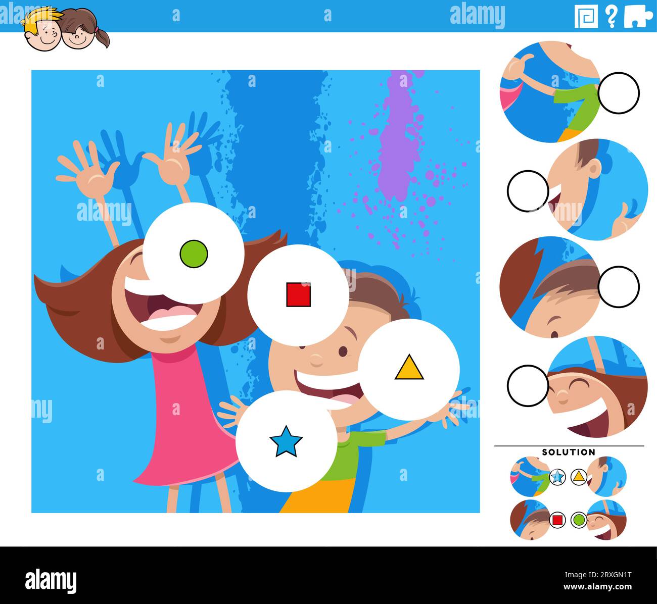 Illustration de dessin animé de l'éducation match les pièces jeu de puzzle avec des enfants heureux Illustration de Vecteur