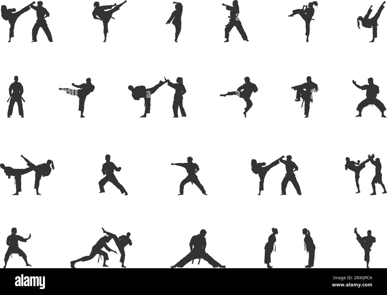 Silhouettes de karaté, Silhouette d'arts martiaux, Silhouette de fille de karaté, SVG de karaté, Kick boxing, karaté Clipart, icône karaté. Illustration de Vecteur