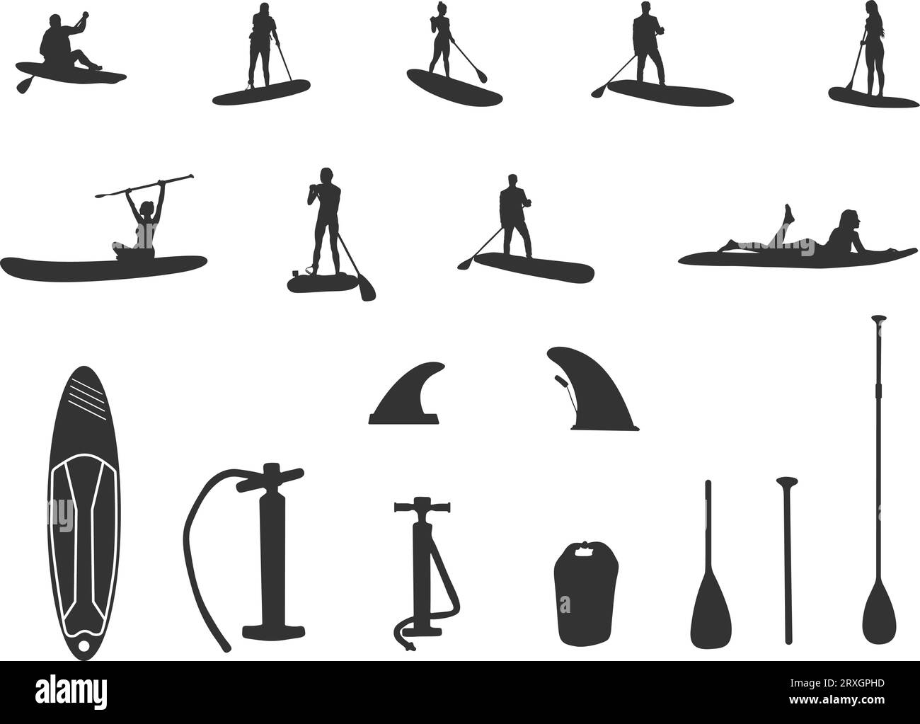 Silhouettes d'équipement de paddleboard, silhouette de paddleboard, silhouettes de paddleboard, svg Paddleboard, vecteur de paddleboard, paddle surfeurs V02. Illustration de Vecteur