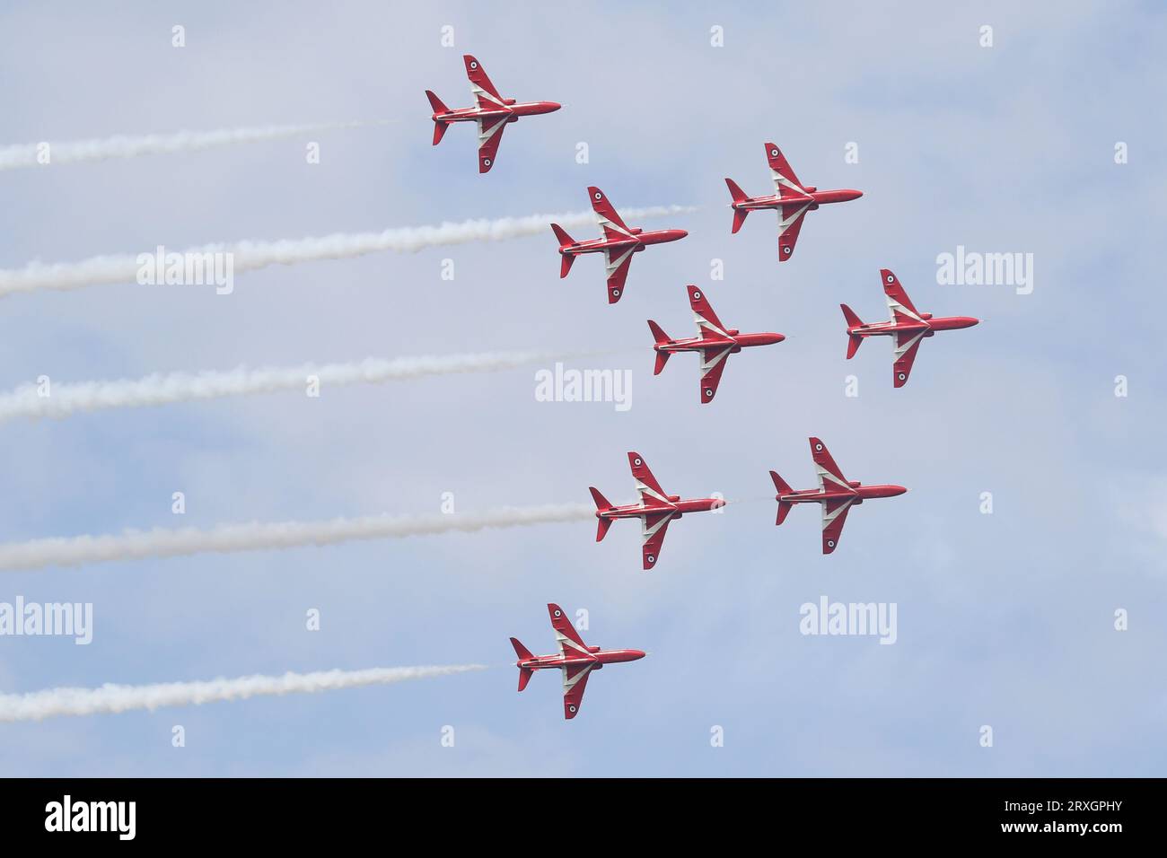 L'équipe aérienne de la Royal Air Force, les Red Arrows affichant l'aérodrome de Wattisham, Suffolk en août 2023. Banque D'Images