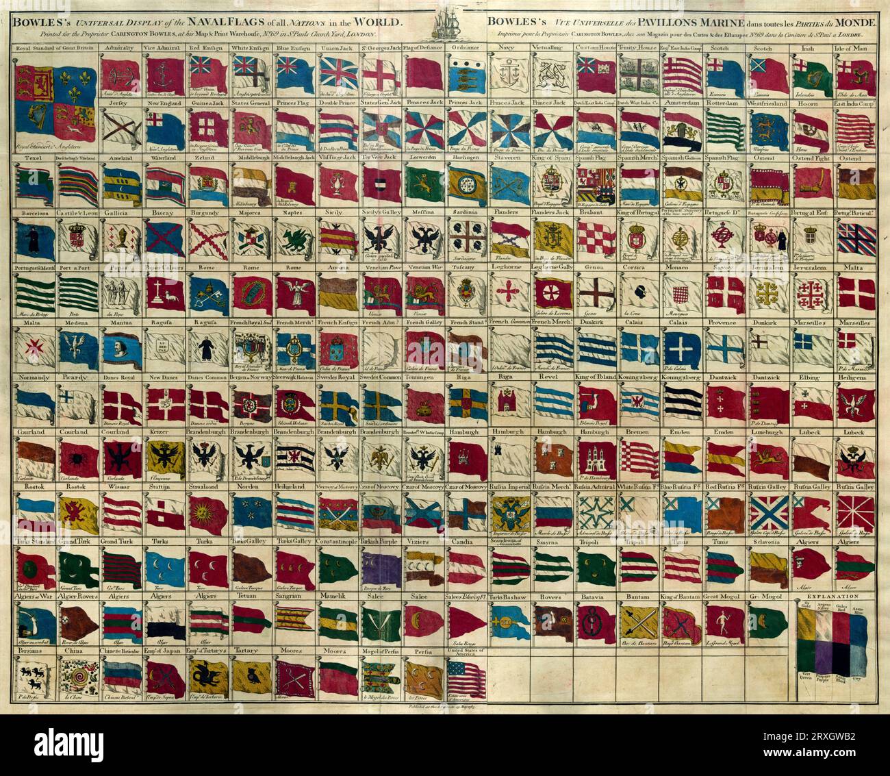 Drapeaux navals du monde de Bowles, 1783 exposition universelle de Bowles des drapeaux navals de toutes les nations dans le monde. Imprimé pour le propriétaire Carington Bowles, à son Map & Print Warehouse, n ° 69 à St. Pauls Church Yard, Londres. Publié comme la loi l'ordonne le 19 mai 1783. Banque D'Images