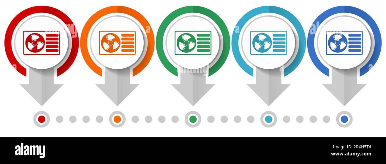 Énergie renouvelable, jeu d'icônes vectorielles de pompe à chaleur, modèle infographique de conception plate, définir des icônes de concept de pointeur dans 5 options de couleur pour webdesign et mobile a Illustration de Vecteur