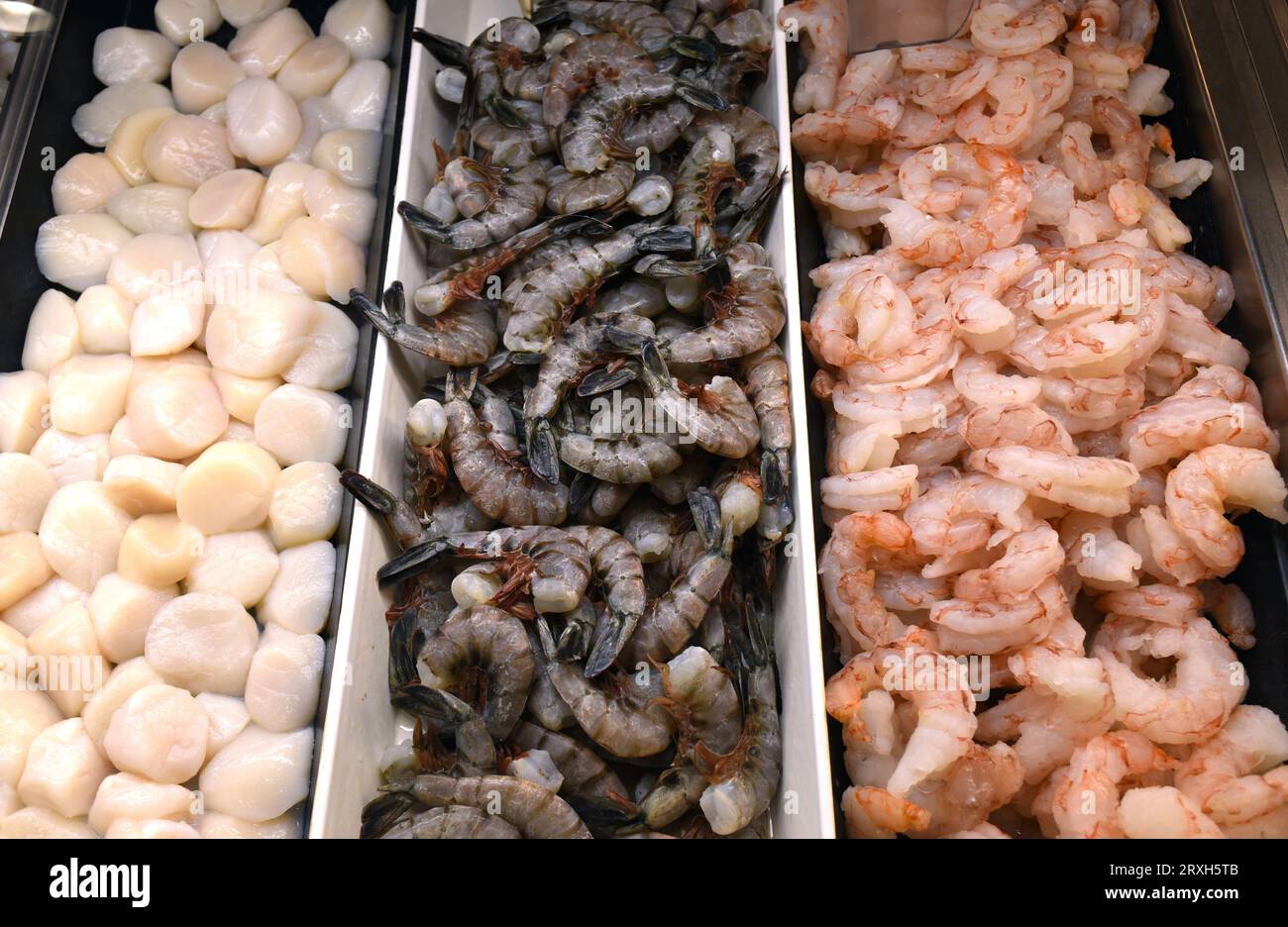 Une variété de fruits de mer, y compris des pétoncles, des crevettes et des crevettes sont représentés en vente dans un étal du Granville Island Market à Vancouver, British Colum Banque D'Images