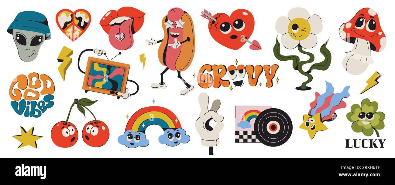 Autocollants colorés rétro avec des personnages comiques drôles. Groovy hippie des années 70 dans un style vintage. Éléments de design psychédélique. Arc-en-ciel de dessin animé, fleur, coeur, arc-en-ciel, paix, cerise, alien et champignon. Illustration de Vecteur