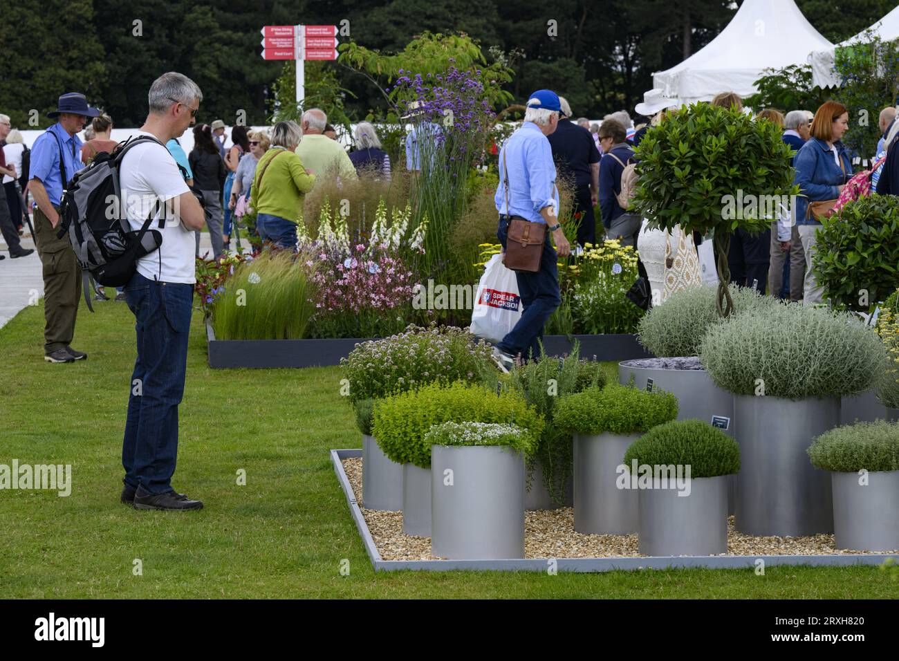 Visiteurs et stands commerciaux (les gens voient l'exposition de l'exposant, différentes herbes dans des pots) - RHS Flower Show Tatton Park 2023, Cheshire Angleterre Royaume-Uni. Banque D'Images