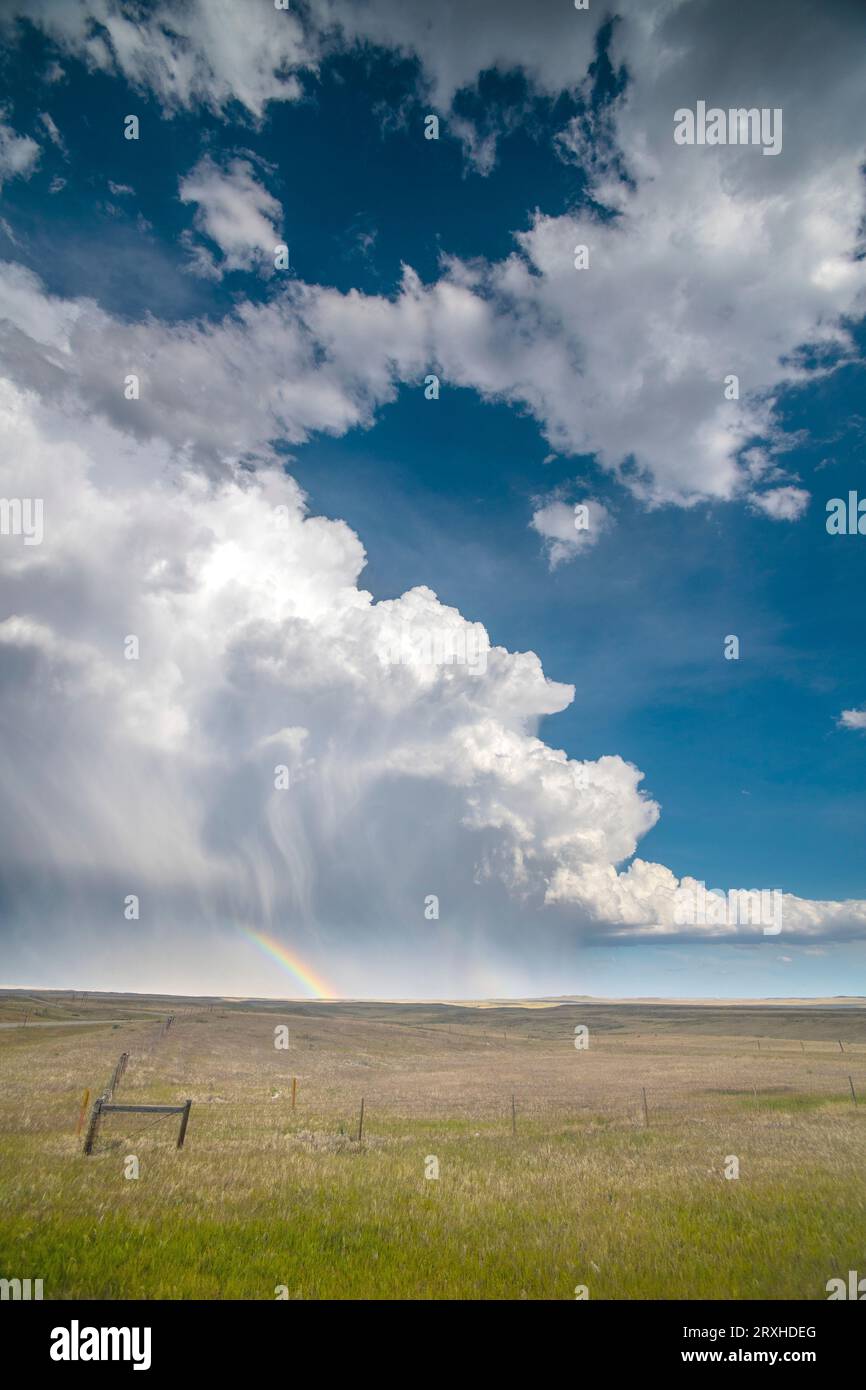 Énorme tonnerre déversant la pluie et la grêle sur la prairie du sud-est du Wyoming fournissant un merveilleux arc-en-ciel pour ceux de ce côté de la tempête Banque D'Images