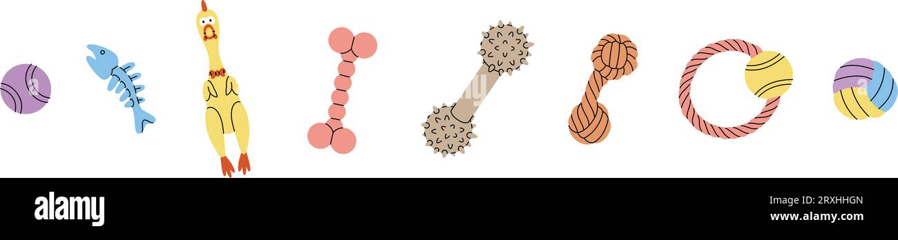 Jouets à mâcher pour chiens. Poulet en caoutchouc, boules, squelette d'arête de poisson, jouets à mâcher. Accessoires pour animaux, fournitures pour animaux. Illustration vectorielle. Illustration de Vecteur