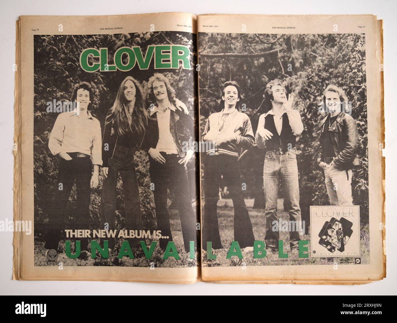 Publicité pour le groupe CLOVER dans le numéro des années 1970 de NME New musical Express Music Paper Banque D'Images