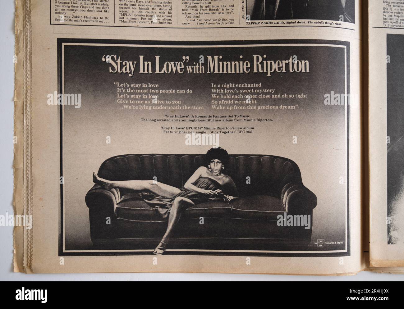 Annonce de Minnie Riperton dans le numéro des années 1970 de NME New musical Express Music Paper Banque D'Images