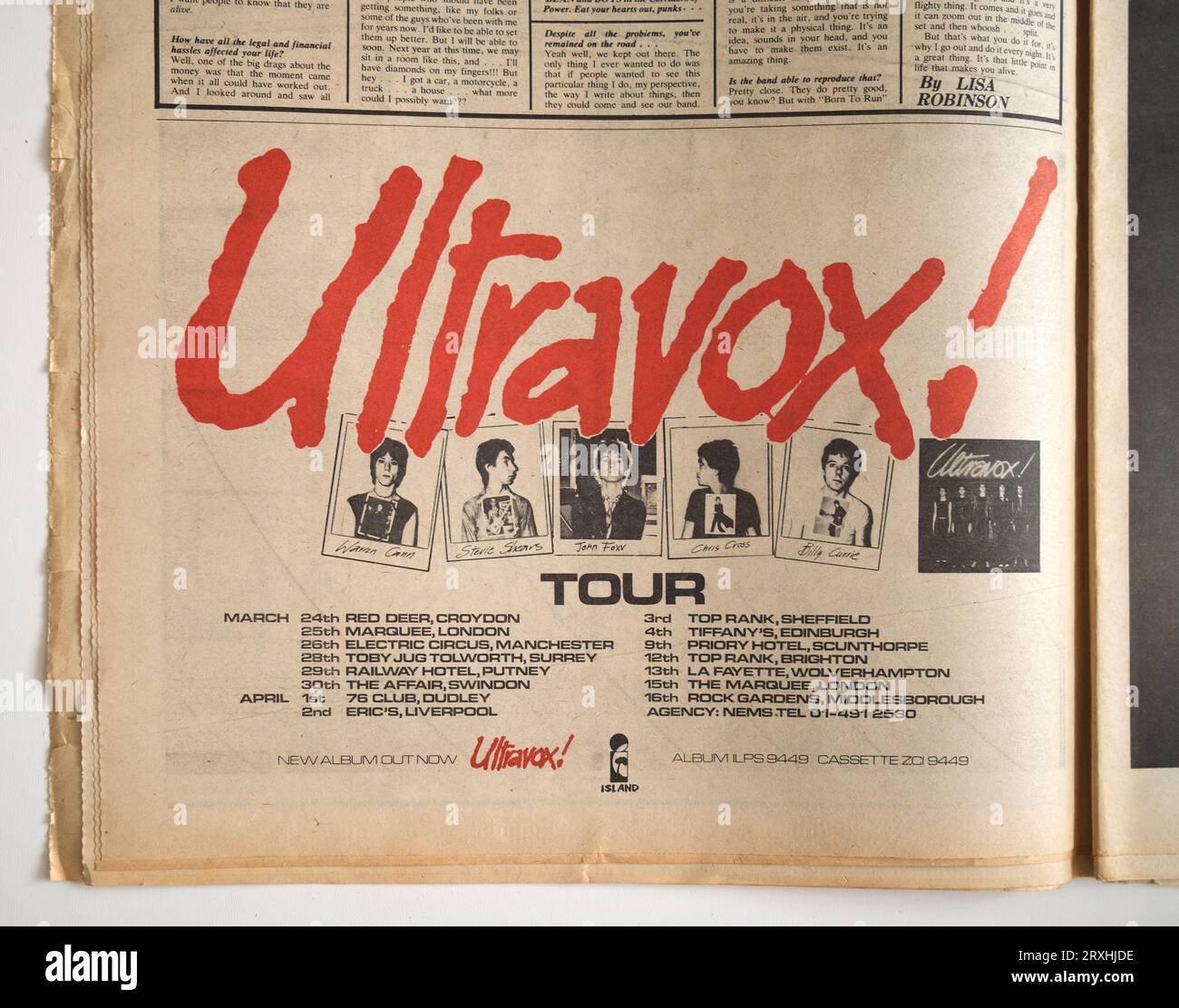 Publicité pour la tournée ULTRAVOX dans le numéro des années 1970 de NME New musical Express Music Paper Banque D'Images
