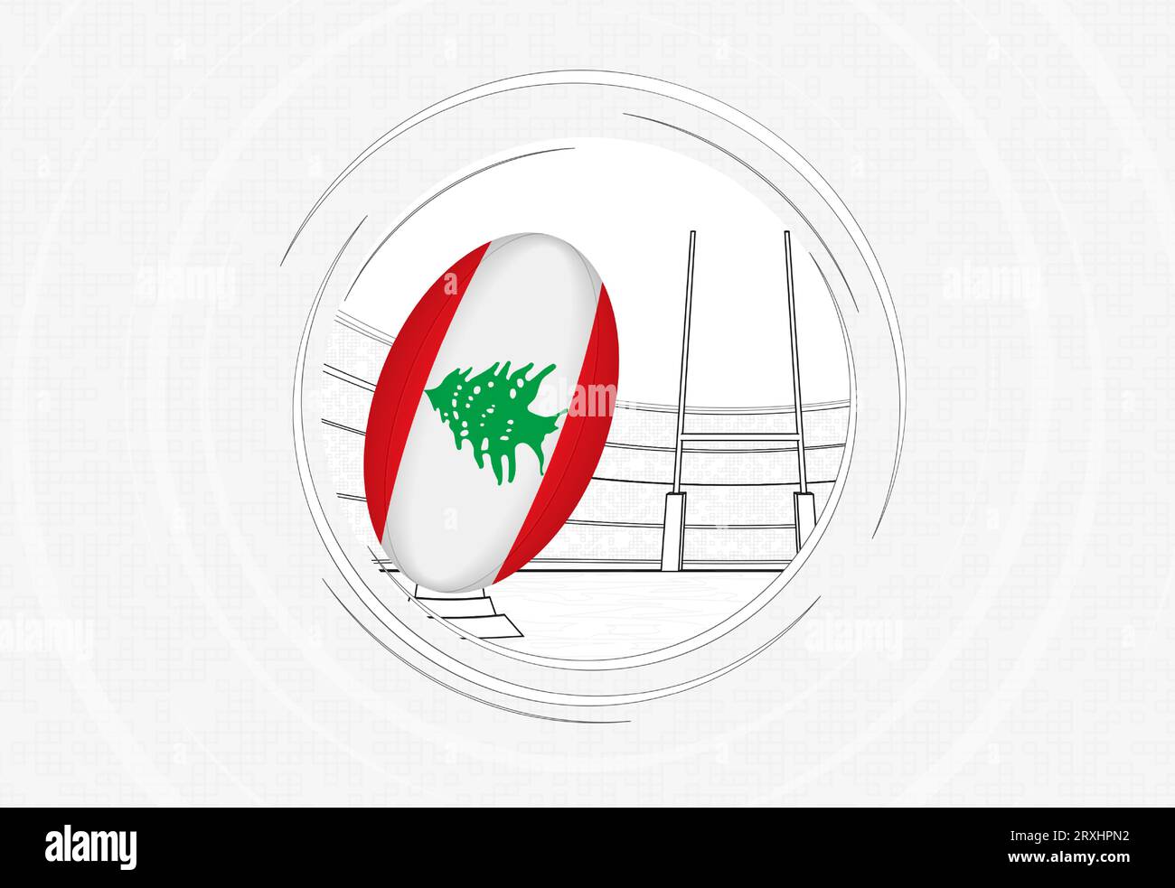 Drapeau du Liban sur ballon de rugby, icône de rugby à cercle doublé avec ballon dans un stade bondé. Emblème de sport de vecteur sur fond abstrait. Illustration de Vecteur