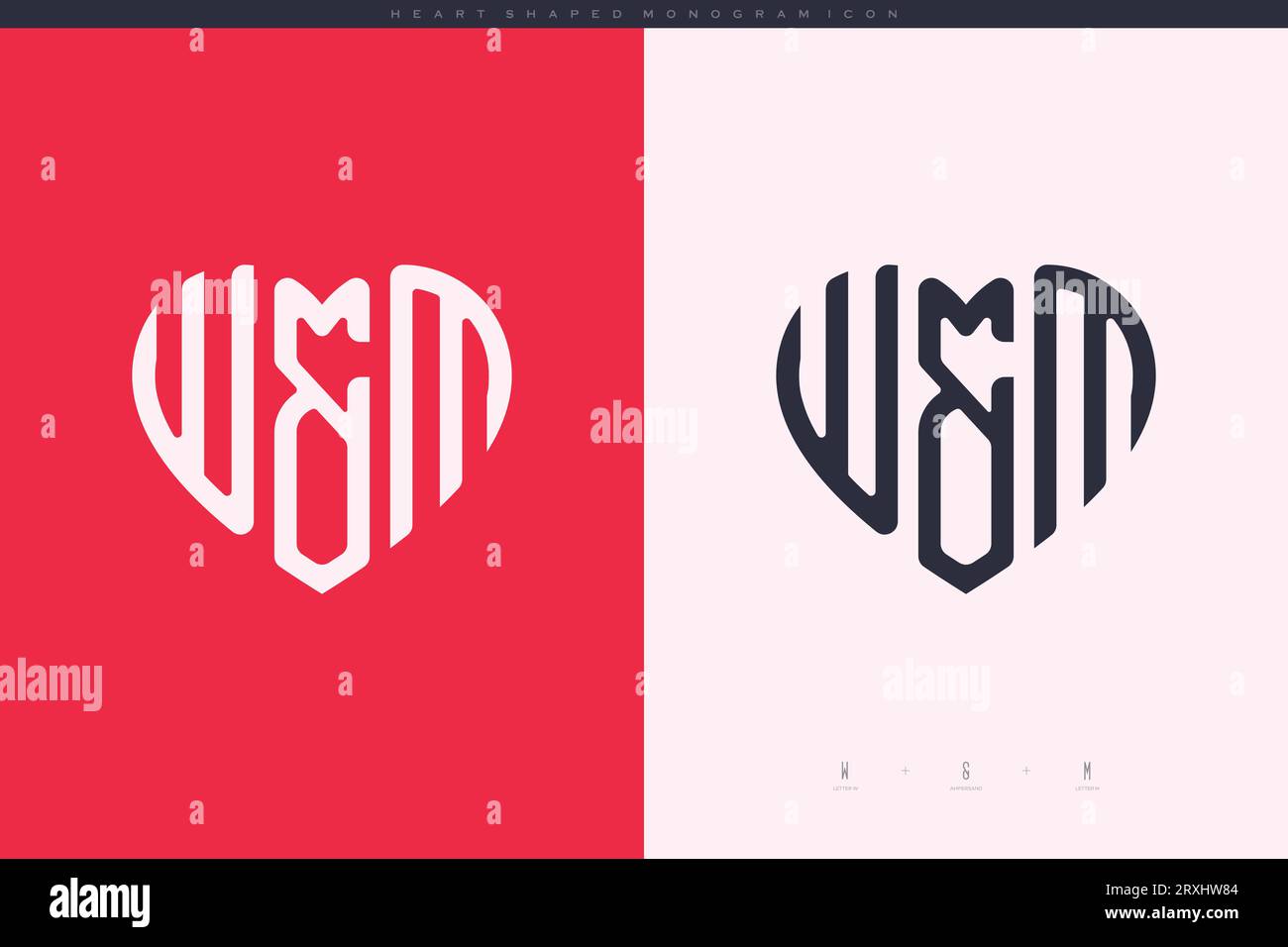 Lettres initiales WM avec coeur rouge et logo Love concept de monogramme d'icône plate Illustration de Vecteur