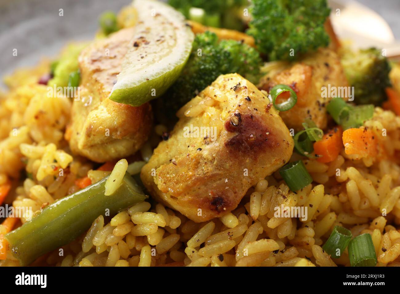 Riz savoureux avec de la viande et des légumes, vue rapprochée Banque D'Images