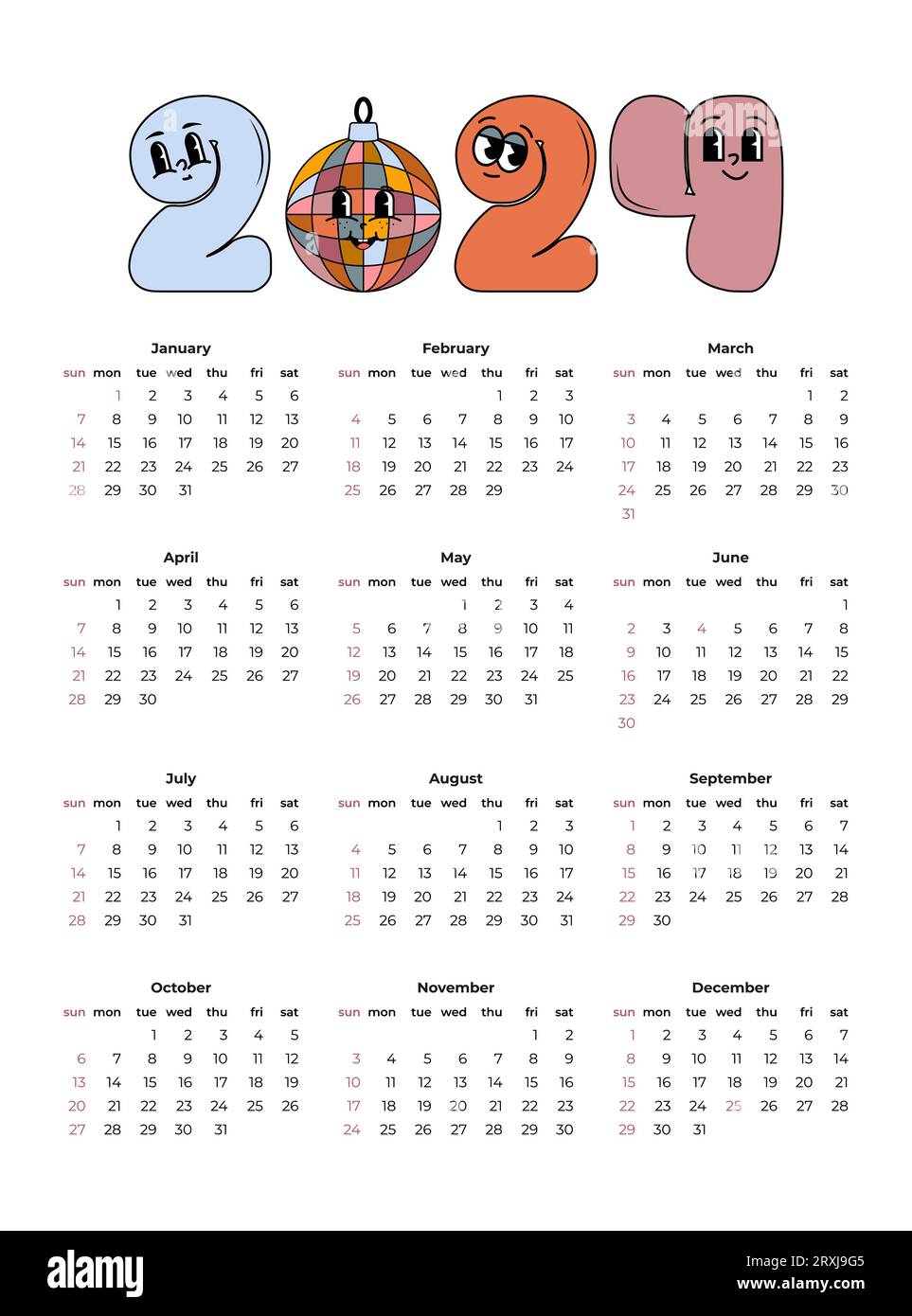 Calendrier 2024, la semaine commence dimanche. Modèle de planificateur d'entreprise dans un style rétro. Conception verticale. Illustration d'art vectoriel. Illustration de Vecteur