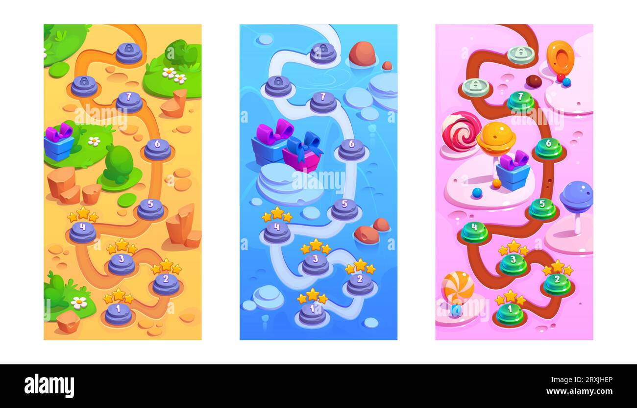 Ensemble de fond de carte routière de jeu d'été et d'hiver pour enfant. Chemin de progression de niveau vertical avec des chiffres, le score de réussite et des bonbons, neige, sécheresse sable sol illustration de l'application mobile. Illustration de Vecteur