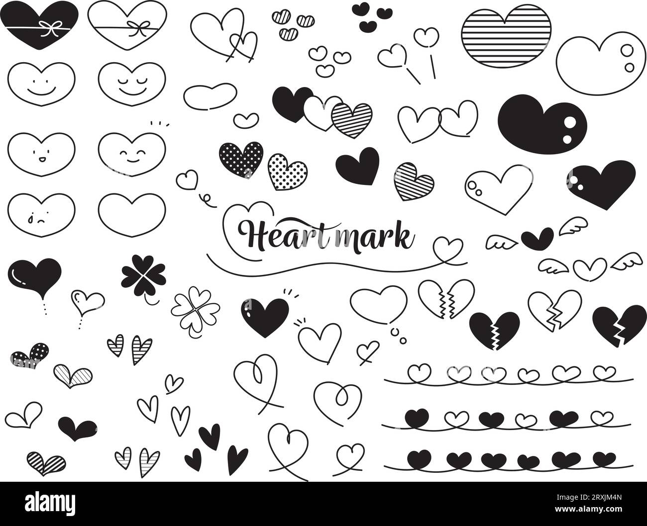 Clip art set de coeur monochrome mignon. Motifs à pois et rayures tendance. Illustration de Vecteur