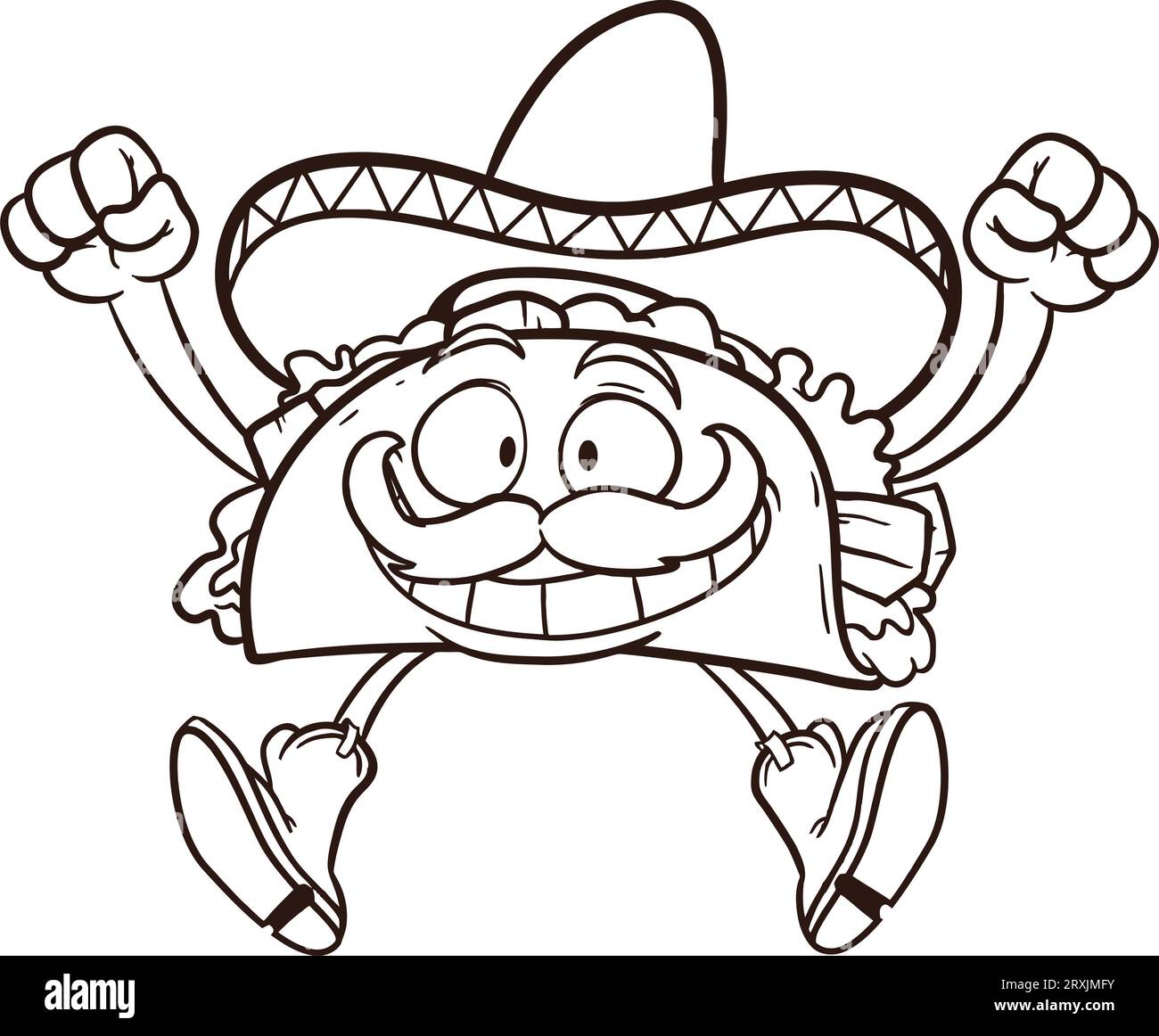 Joyeux Taco de dessin animé avec page à colorier sombrero mexicain Banque D'Images