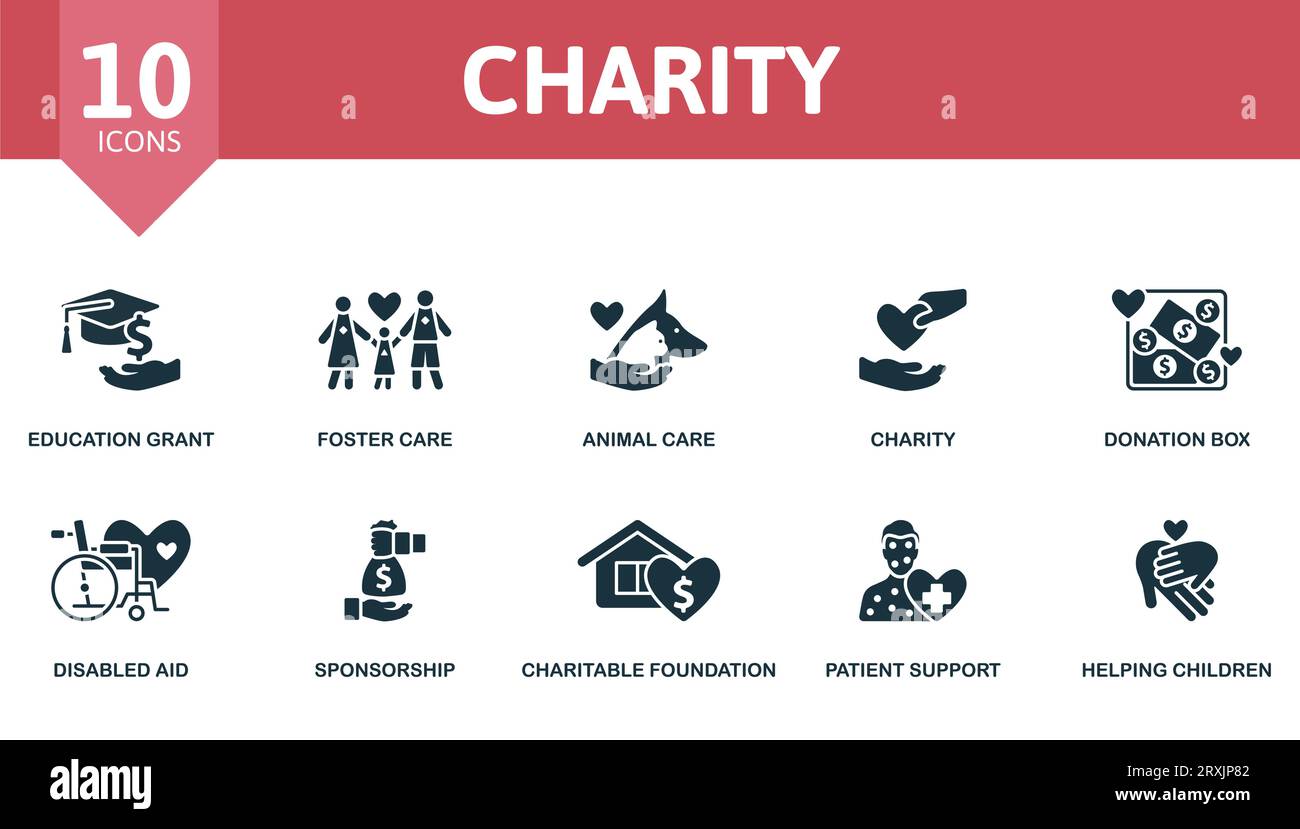 Ensemble caritatif. Icônes créatives : subvention d'éducation, placement familial, soins aux animaux, charité, boîte de don, aide aux handicapés, parrainage, fondation caritative Illustration de Vecteur