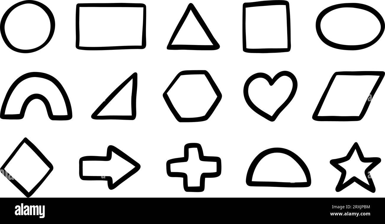 Doodle jeu de formes géométriques de base. Collection d'icônes de figures mathématiques dessinées à la main. Doodle mignon cercle, carré et triangle. Dessin d'enfant pour jeux d'apprentissage Illustration de Vecteur
