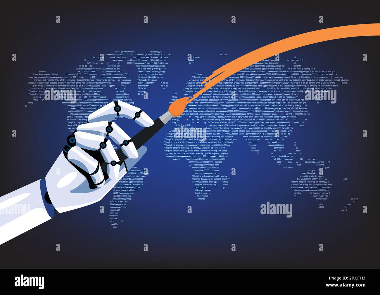 Intelligence artificielle main tenir le pinceau artistique sur fond de carte typographique prompte. Robotique chargé avec des algorithmes intelligents et la reconnaissance Illustration de Vecteur