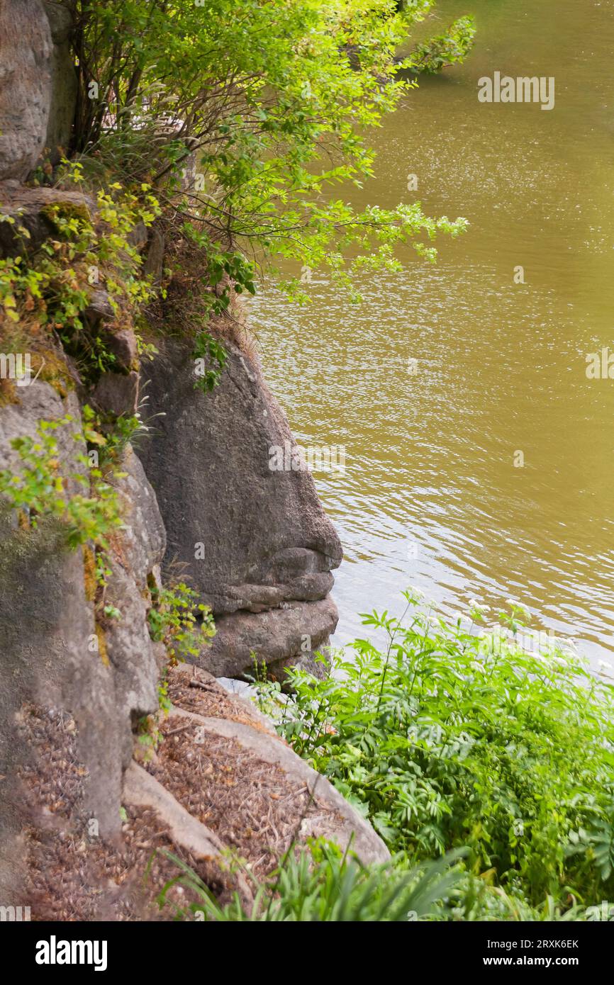 Profil d'une personne sculptée dans la roche sur le lac dans l'arboretum Sofievsky Uman, Ukraine. Photo verticale Banque D'Images