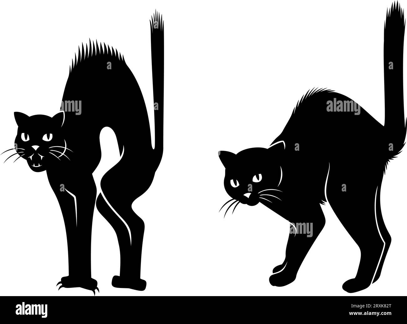 Scared Cats silhouettes. Chat noir de sorcière. Dessins animés et versions réalistes. Cliparts vectorielles isolées sur blanc. Illustration de Vecteur
