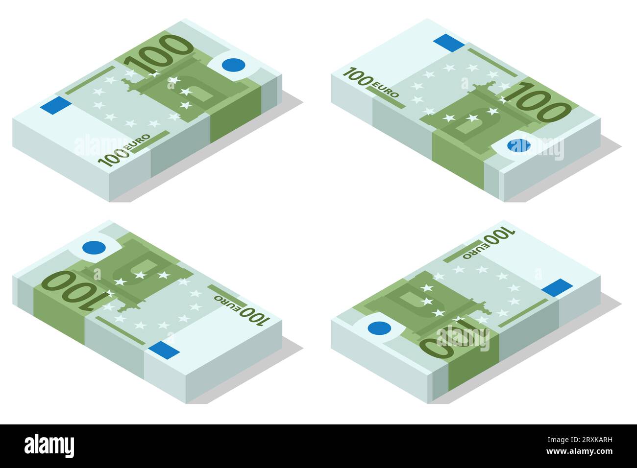 Billets isométriques en coupures de 100 euros sur fond blanc. Monnaie papier de l'Union européenne cent euros. Illustration de Vecteur