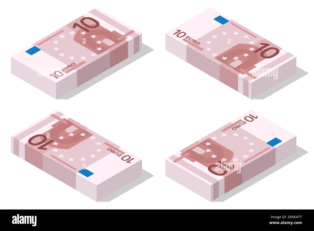 Billets isométriques en coupures de 10 euros sur fond blanc. Papier-monnaie de l'Union européenne dix euros. Illustration de Vecteur