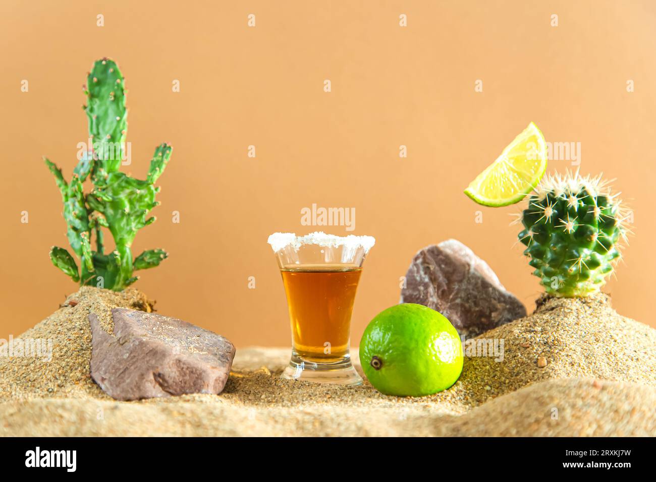 Cliché de tequila mexicaine avec chaux et sel parmi les dunes de sable et les cactus. Fond beige. Banque D'Images
