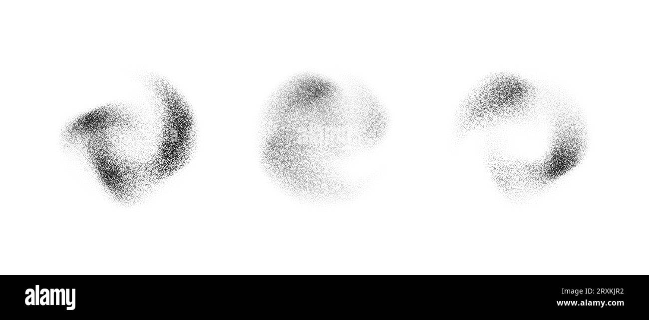 Eléments de gradient pointillés fluides abstraits. Texture de grain de bruit tache ensemble de forme. Taches de poussière de sable et de taches de poussière de sable en pointillés noirs et blancs. Collection de nuances d'éclaboussures de demi-ton. Éclaboussures vectorielles Illustration de Vecteur