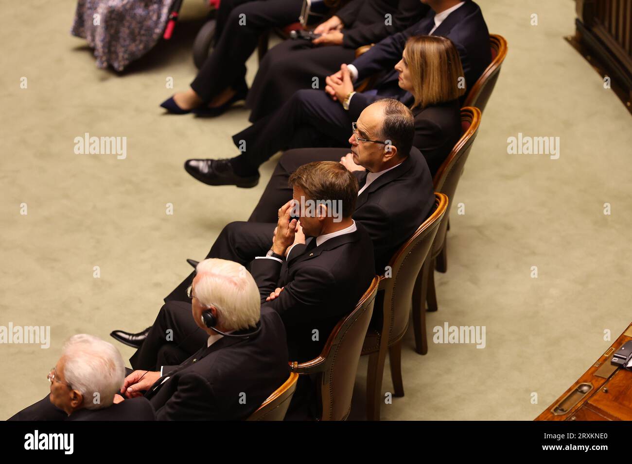Roma, Funerali dell’ex Presidente della Repubblica Giorgio Napolitano alla Camera Nella foto : il presidente francese Macron Banque D'Images