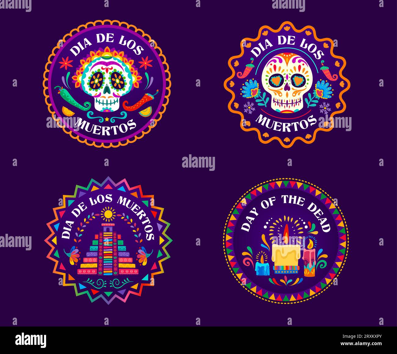 Day of the Dead Dia de Los Muertos étiquettes et bannières mexicaines de cercle de vacances. Vecteurs Calavera crânes de sucre, bougies et pyramide aztèque, fleurs de bande dessinée et poivrons étiquettes rondes avec ornement latin Illustration de Vecteur