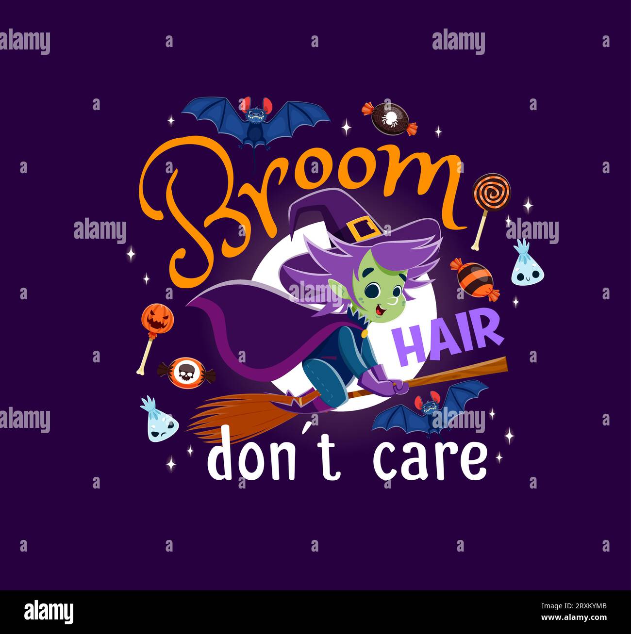 Les cheveux de balai ne se soucient pas, citation d'halloween avec vecteur de dessin animé sorcière espiègle volant sur le balai à la pleine lune en toile de fond avec chauve-souris, bonbons festifs et typographie décorative. Phrase de lettrage drôle Illustration de Vecteur