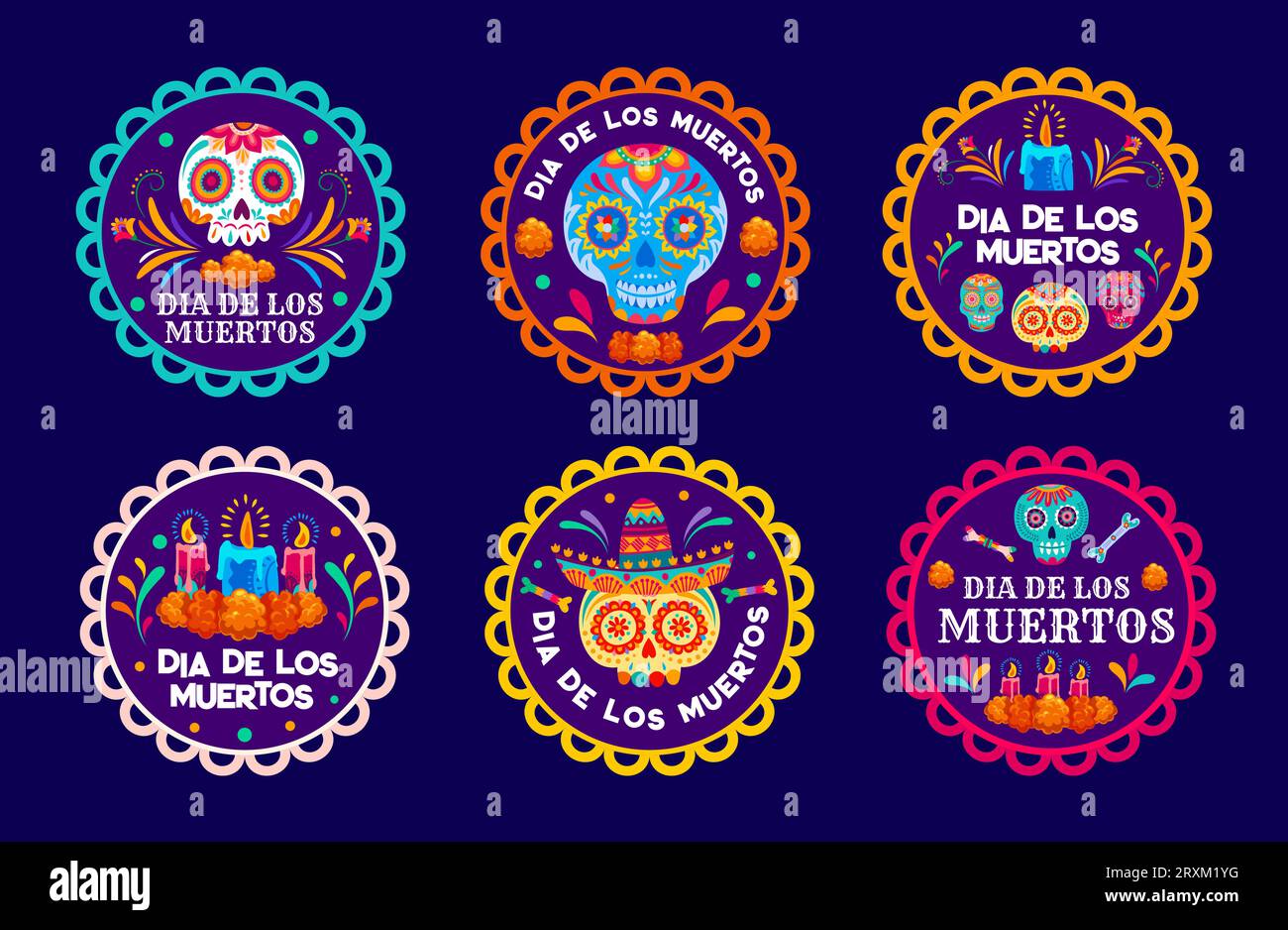 Étiquettes de vacances mexicaines Day of the Dead, étiquettes de cercle Dia de Los Muertos. Crânes de sucre de dessin animé, bougies et fleurs de souci vecteurs badges ronds avec motif floral ethnique, ensemble de bannières d'Halloween Mexique Illustration de Vecteur