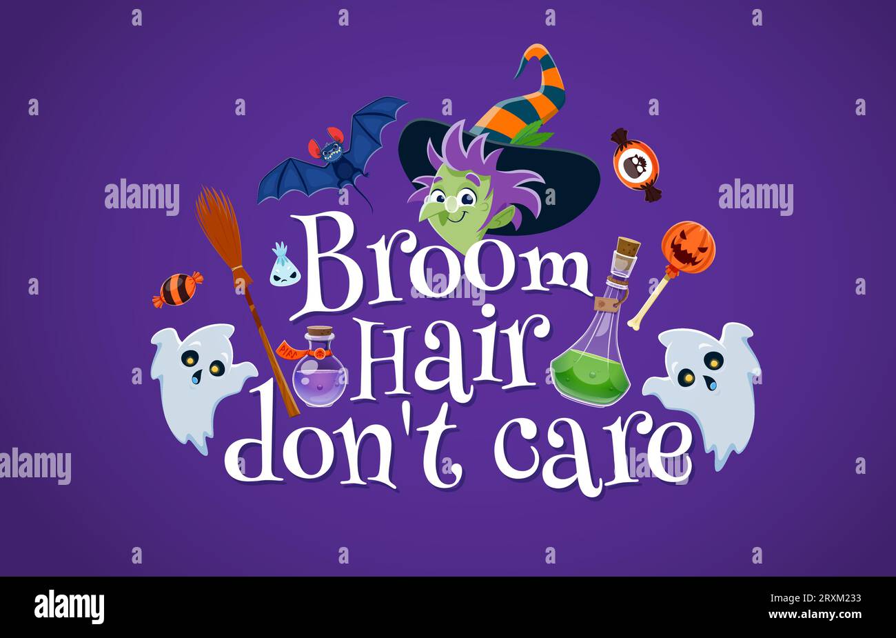 Citation d'Halloween, les cheveux de balai ne s'en soucient pas. Phrase de lettrage de partie de vecteur drôle, inscription de typographie avec dessin animé sorcière drôle porter chapeau rayé, fantômes mignons, flacon de potion, chauve-souris, bonbons et balai Illustration de Vecteur