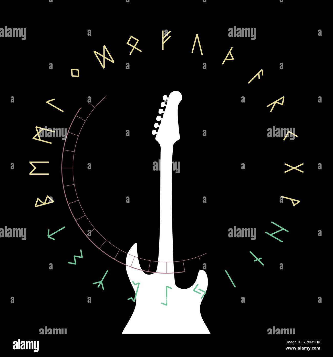 Design pour t-shirt guitare électrique avec alphabet runique. Illustration vectorielle avec le style des années 80. Illustration de Vecteur