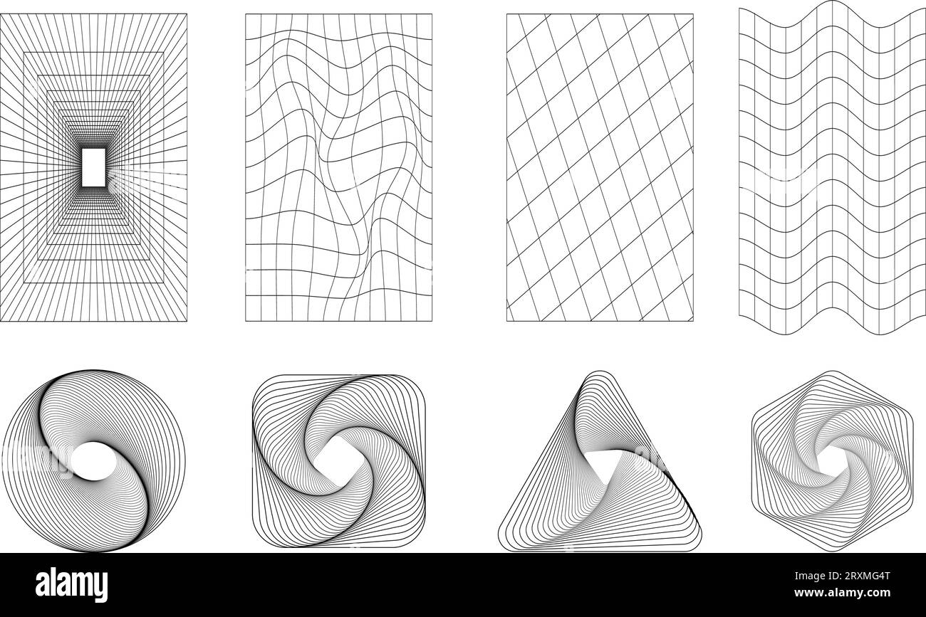 Ensemble de formes abstraites et grilles en couleur noire. Rétro tendance des années 1980, style des années 90. Illustration vectorielle. Illustration de Vecteur
