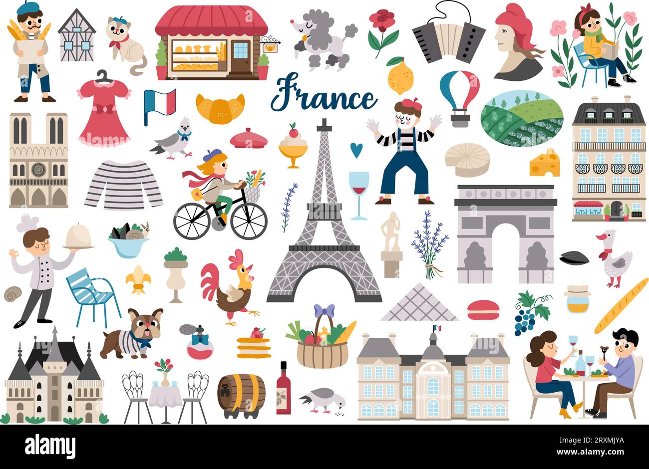 Jeu de vecteurs de symboles France. Grande collection avec sites français, nourriture, tour Eiffel, gens, baguette, croissant. Icônes mignonnes de Paris avec palais, château, Illustration de Vecteur