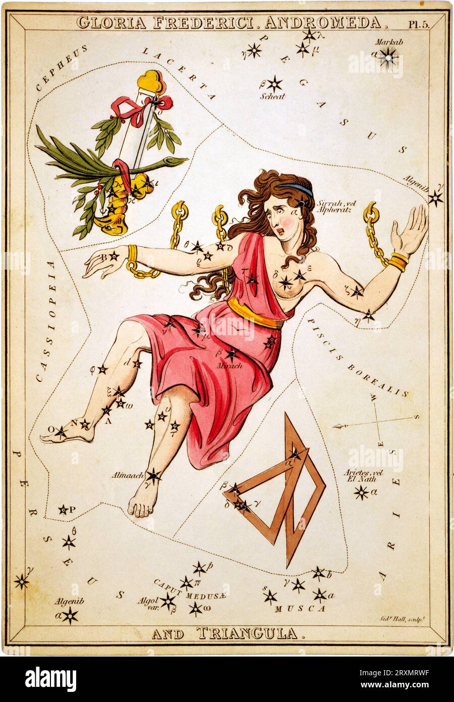 Du miroir d'Urania : Gloria Fredericii, Andromeda et Triangula, 1825 'Gloria Fredericii, Andromeda et Triangula', planche 5 dans le miroir d'Urania, un ensemble de cartes célestes accompagnées d'Un traité familier sur l'astronomie ... Par Jehoshaphat Aspin. Londres : 1825 (gravé par Sidney Hall). (Affiché initialement le 18 août 2008.) Banque D'Images