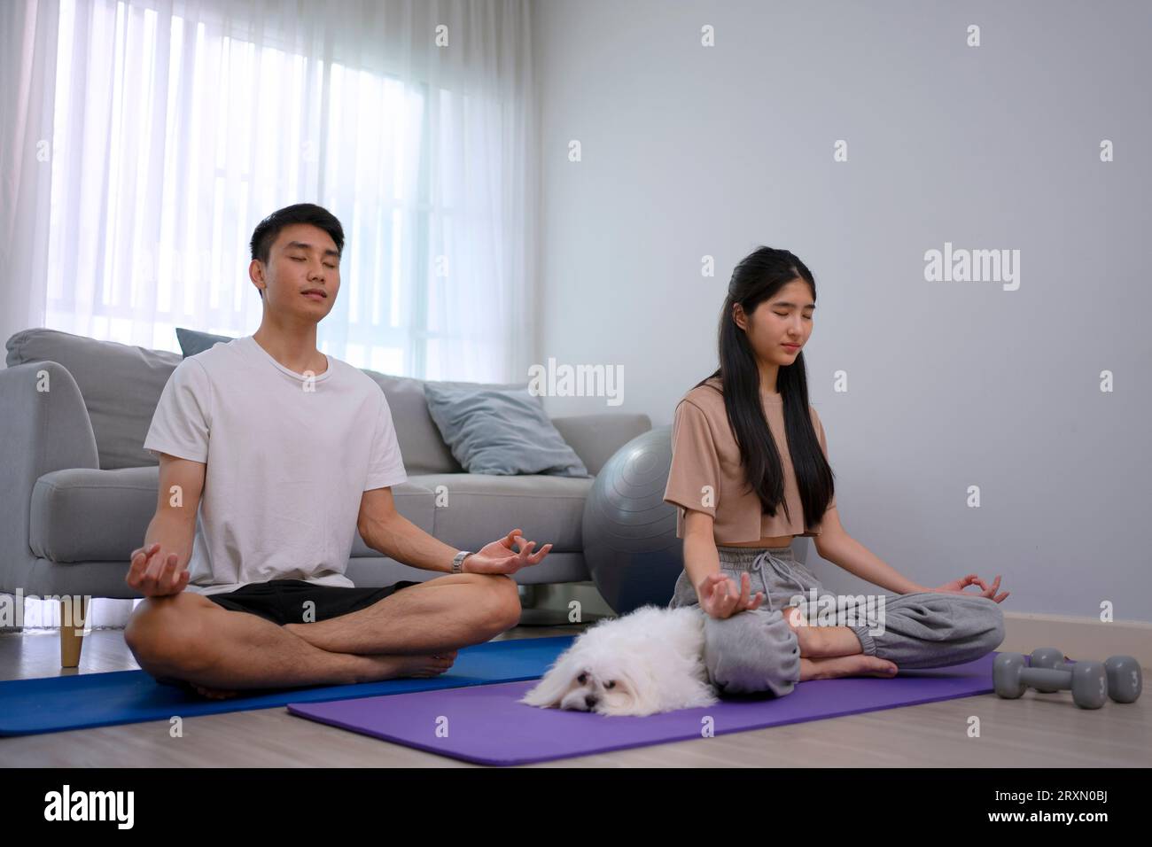 Un jeune couple joue au yoga à la maison. Concept de style de vie et d'activités de loisirs. Banque D'Images