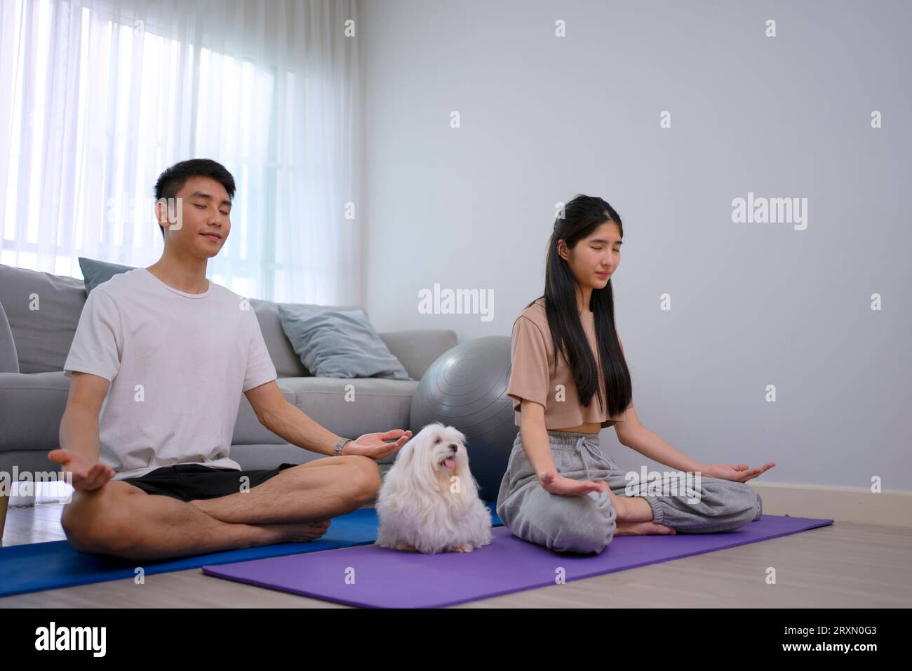 Un jeune couple joue au yoga à la maison. Concept de style de vie et d'activités de loisirs. Banque D'Images