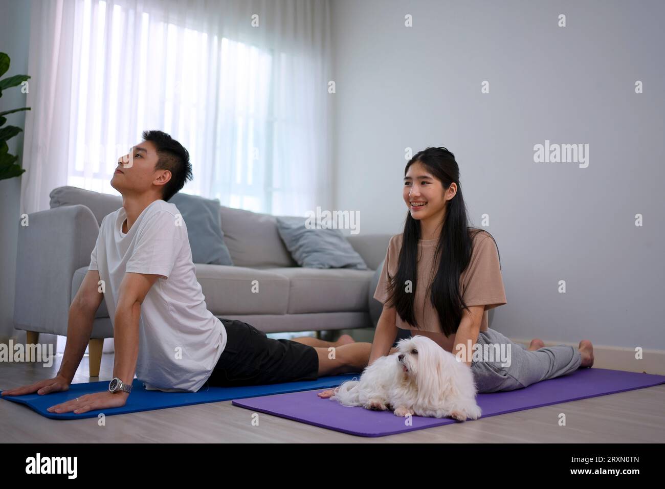 Un jeune couple joue au yoga à la maison. Concept de style de vie et d'activités de loisirs. Banque D'Images