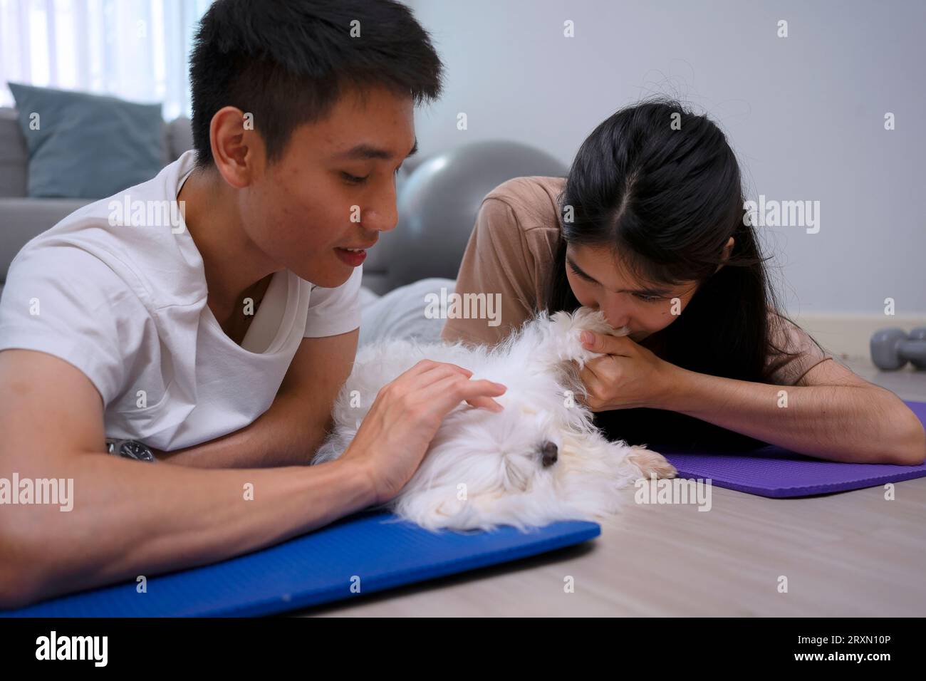 Jeune couple prendre soin de leur chien à la maison. Concept de style de vie et d'activités de loisirs. Banque D'Images