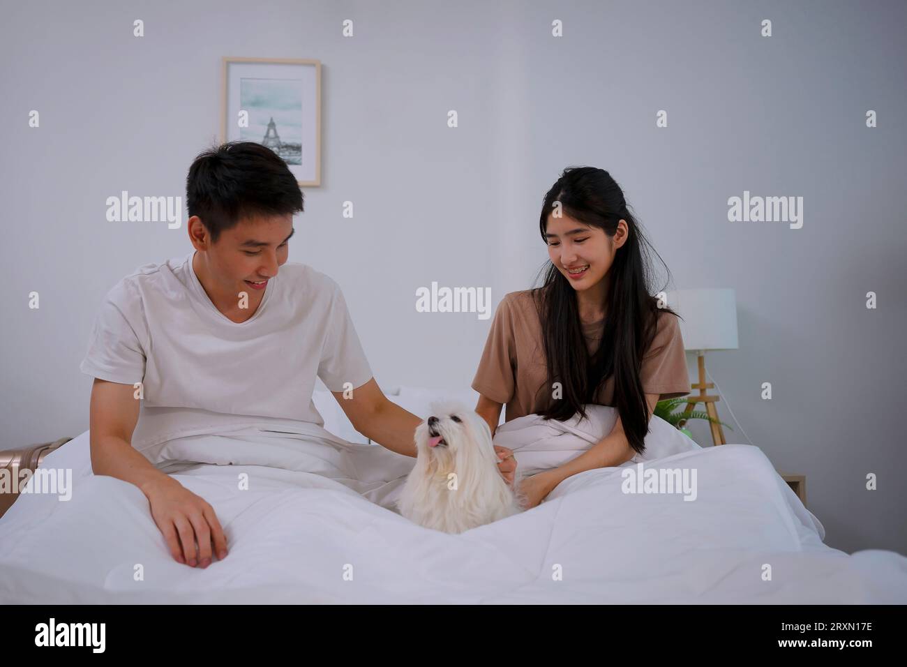 Jeune couple ensemble dans la chambre avec chien. Concept de style de vie et d'activités de loisirs. Banque D'Images