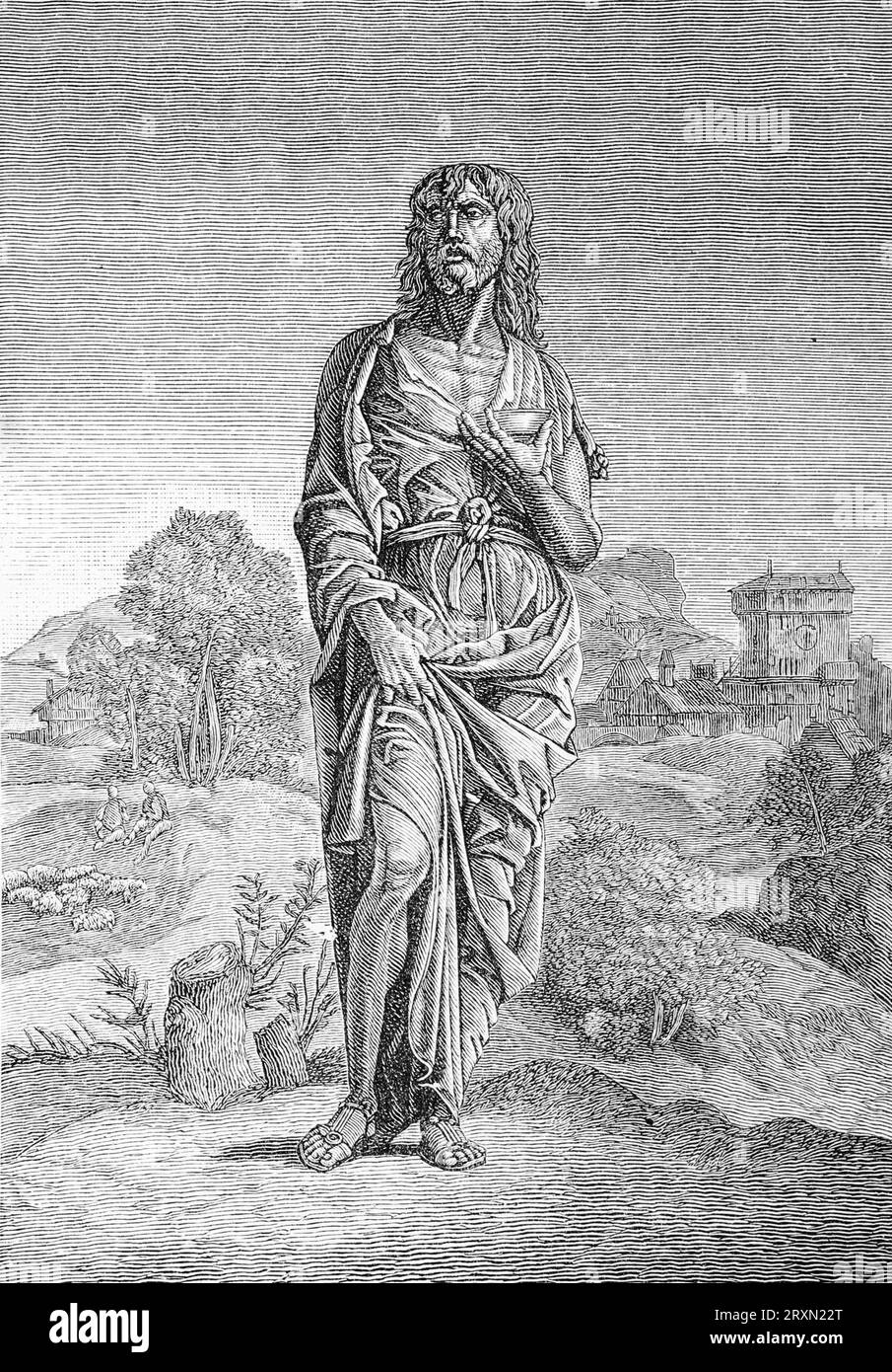 Saint Jean Baptiste dans le désert, d'après une gravure de Giulio Campagnola. Gravure de vies des Saints de Sabin Baring-Gould publiée en 1897. Banque D'Images Saint Jean Baptiste dans le désert, d'après une gravure de Giulio Campagnola. Gravure de vies des Saints de Sabin Baring-Gould publiée en 1897. Banque D'Images