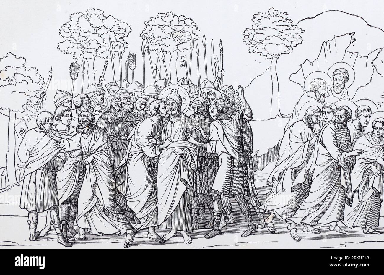 La trahison de Jésus, Saint Pierre coupant l'oreille de Malchus, et les disciples fuyant. D'après une peinture du 16e siècle de Duccio di Buoninsegna. Gravure de vies des Saints de Sabin Baring-Gould publiée en 1897. Banque D'Images